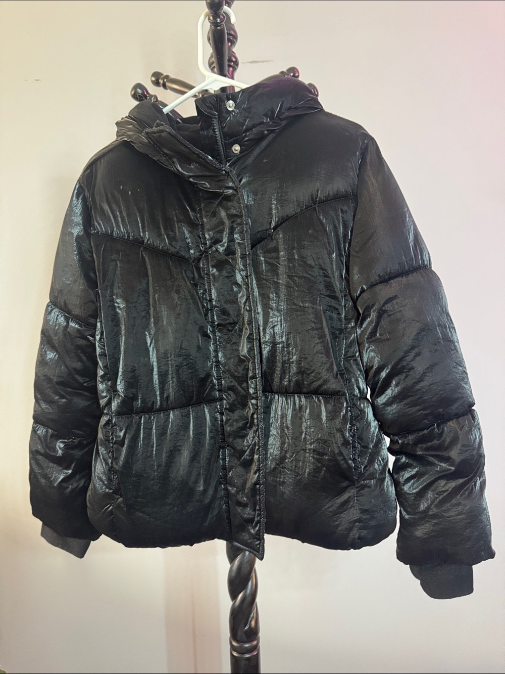 GAP Shiny Black Hooded Puffer Jacket